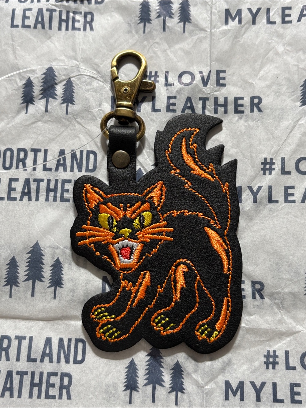 Portland Leather PLG Salem Black & Orange Cat Keychain - Leather Cat Charm